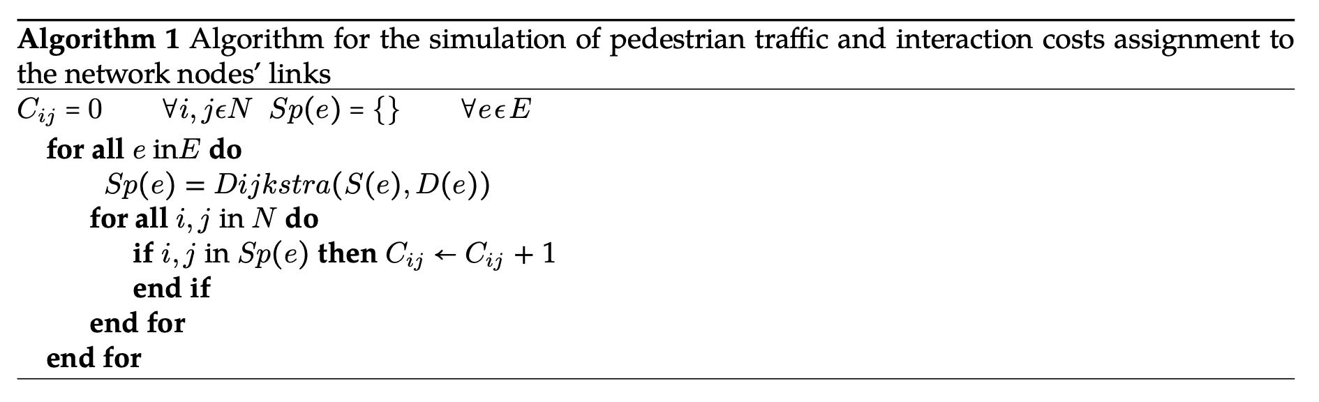 Algorithm for the simulation of pedestrian traffic and interaction costs assignment to the network nodes' links
